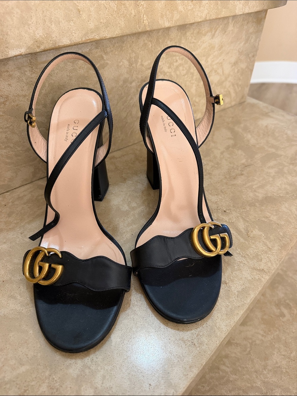 Gucci Black Leather Slingback Sandals with Gold Double G